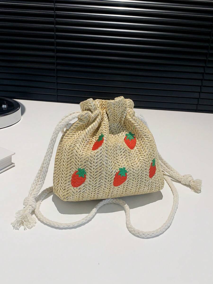 1个女童草莓图案编织纸抽绳单肩包，适合春夏休闲穿着 - 彩色 - 查看 1