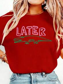 Women's Funny Later Gator T-Shirt - Sarcastic "Later" Crocodile Graphic Tee In White & Pink - Lightweight Everyday Shirt For Women - Machine Washable Casual Top, Allseason Apparel, Playful Graphic Shirt, Comfortable Fit ShirtBreathable All-Season Round Neck Printed T-Shirt - 紅色 - 查看 9