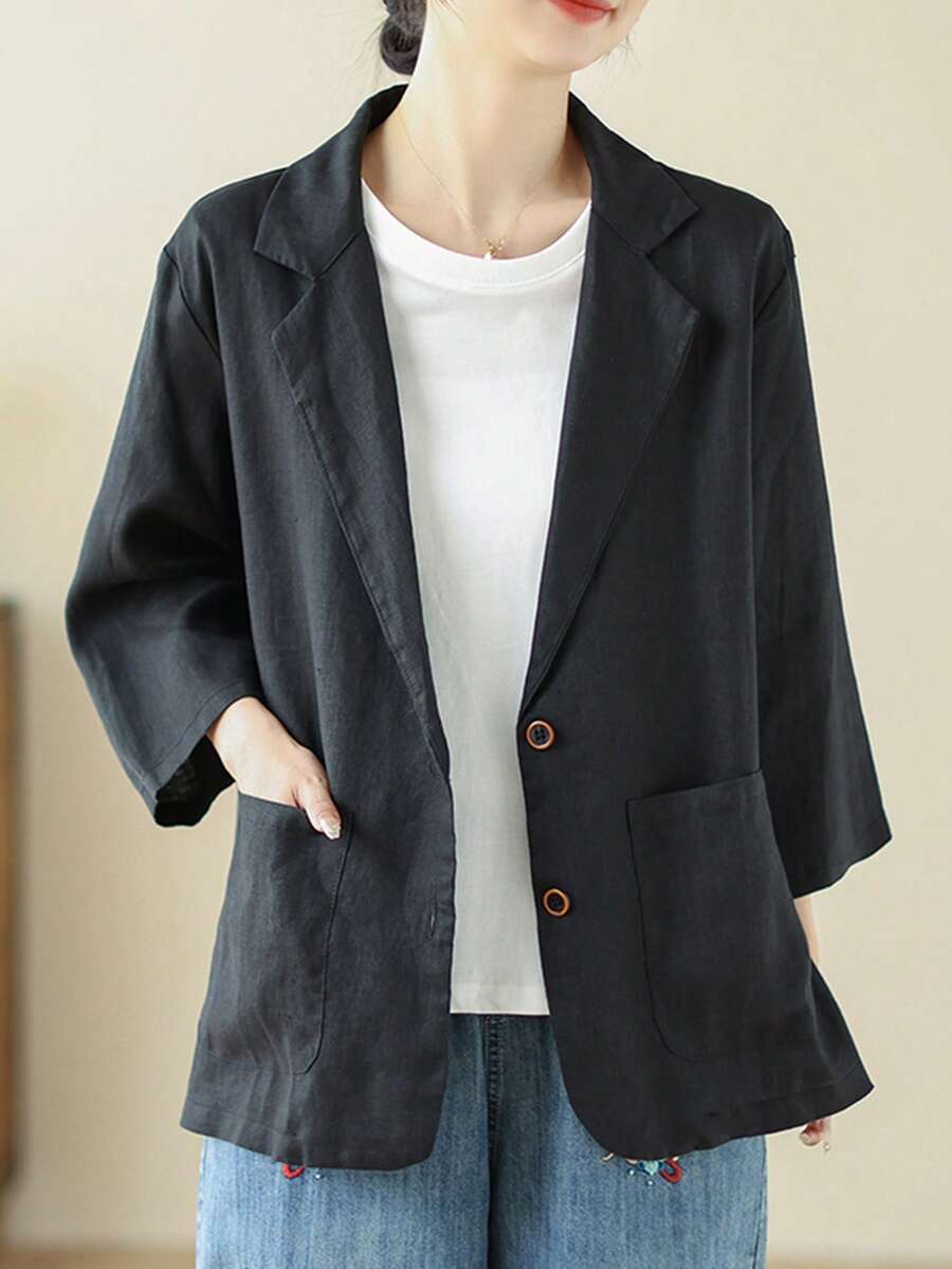 Women's Tailored Jacket, 3/4 Sleeve, Linen Blend, Lightweight, Spring And Summer Outerwear, Casual Jacket, 3/4 Sleeve Outerwear, Perfect For Work Or Casual Wear - đen - Xem 1
