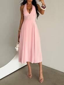 WOWDARK 夏季连衣裙，粉色时尚女士深V腰带A字吊带优雅连衣裙，适合狂欢节、约会、聚会、派对、旅行、度假、海滩等场合。 - 粉色 - 查看 6