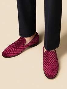 Men's Dress Loafers Velvet Tuxedo Slip-On Shoes Wedding Party Red Bottom For Male - 酒紅色 - 查看 8