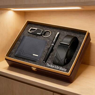 Set de 4 piezas de accesorios minimalistas de negocios casuales para hombres, diseñado para hombres, incluye billetera de piel sintética, cinturón, portallaves, bolígrafo, práctico para uso diario y transporte, adecuado como un regalo reflexivo para amigos, padres, novios en cumpleaños, aniversarios, Día de San Patricio, Pascua, graduación, regreso a la escuela
