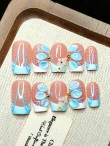 10pcs Handmade Artificial Nail Tips, Square Design, 3D Carving Craft, Decorated With 3D Small Peony Flowers, French Beige And Blue Color, Porcelain-Like Style, Golden Accents, Fresh Girl Style, Reusable Press On Nails - Baby Blue - View 4