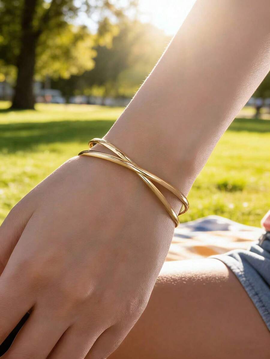 1 pieza Brazalete abierto minimalista y geométrico para mujeres - Amarillo Oro - Ver 1
