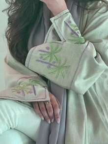 1PC Women's Open Front Kaftan – Mint Green Long Sleeve Maxi Dress With Palm Tree Embroidery On Cuffs, V-Neck Loose Fit Cover-Up In Lightweight Woven Fabric, Elegant Modest Clothing For Summer Beach & Daily Wear - Lime Green - View 2