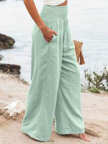 Plus Size Women's Casual Wide Leg Loose Pants, Summer Spring - Light Green - View 3