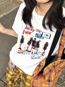 2026夏季新款女式圆领休闲宽松美式涂鸦印花英文字母图案街头百搭短袖T恤，1件装 - 白色 - 查看 1