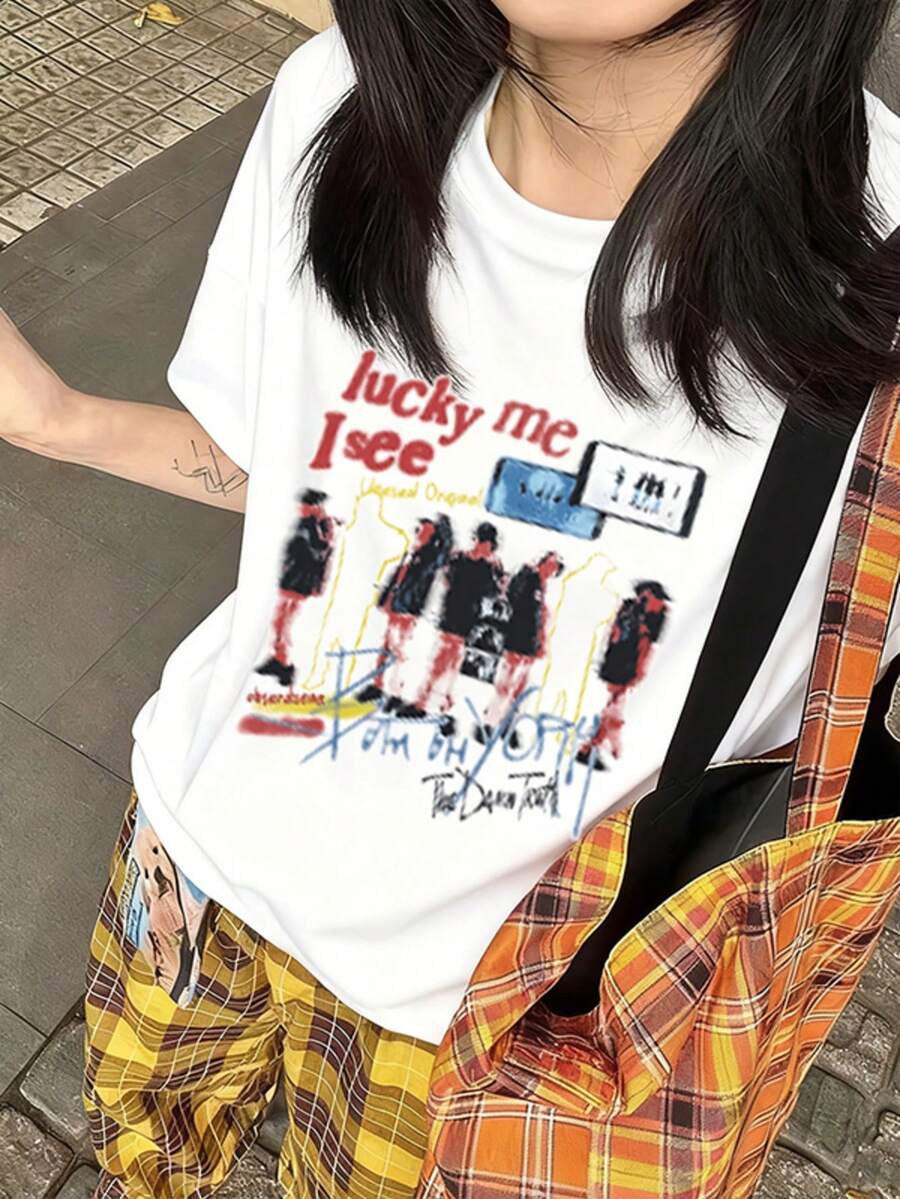 2026夏季新款女式圆领休闲宽松美式涂鸦印花英文字母图案街头百搭短袖T恤，1件装 - 白色 - 查看 1