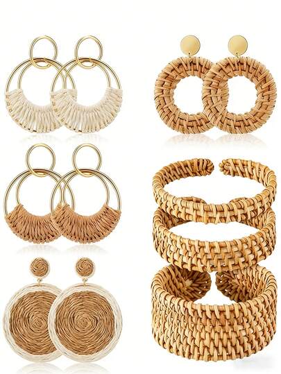 1/3/11 Pcs Handmade Raffia Rattan Earrings Bracelet Set For Women, Include 4 Pairs Bohemian Round Drop Dangle Hoop Earrings 3 Pcs Woven Straw Wicker Braid Cuff Bangle Bracelets For Summer Vacation Beach