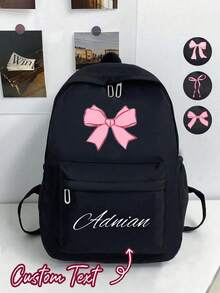 个性化粉色蝴蝶结印花学生背包，可定制姓名经典休闲日常背包/大学背包，大容量笔记本电脑背包，轻便书包 - 彩色 - 查看 1