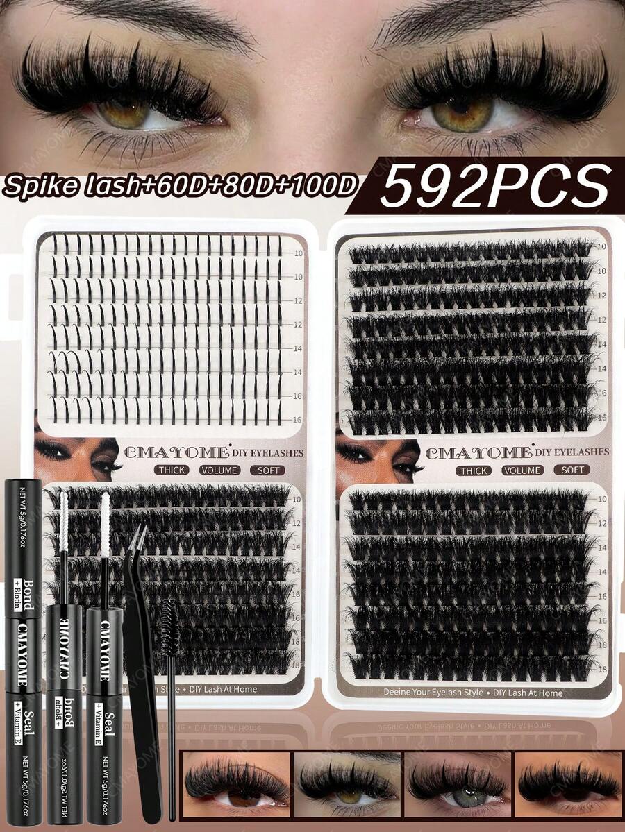 1盒/2盒，共592条。眉毛套装，单根式，D/DD卷度，效果长度0.35-0.63英寸。DIY假睫毛，60D+80D+100D混合密度，自然蓬松浓密，0.07毫米，类似狐狸毛。包含睫毛胶、镊子和刷子。适用于圣诞节、万圣节、派对、日常佩戴，是必备的美容工具，兼具美容与健康，可打造节日华丽妆容。睫毛套装，单根睫毛，假睫毛。
