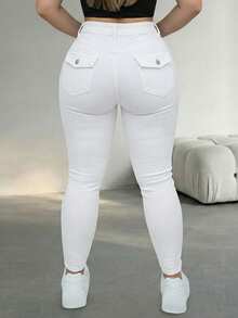 Quần jeans dáng ôm cỡ lớn với túi khóa kéo và trang trí nút, độ co giãn cao, vừa vặn thoải mái, trang phục thường ngày mùa đông cho nữ, màu trắng dáng ôm mùa xuân. - trắng - Xem 7