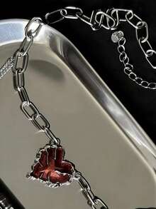 1pc Hip-Hop Red Heart Pendant Necklace, Men's Christmas, New Year, Valentine's Day Holiday Gift - Silver - View 3