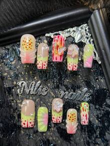10pcs Handmade Fully Covered Square Nails Press On Nails, Green Nails, 3D Butterfly& Flower& Pearl& Gradient Decor, Detachable And Reusabl, Y2K Sweet Cute Style False Nails, Suitable For Party, Daily Wear, Cosplay, With Jelly Glue And Nail File - Green - View 3