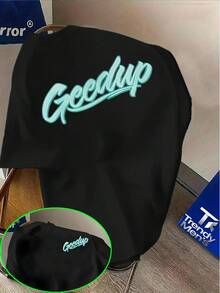 Niche Style Short-Sleeve T-Shirt, "Geedup" Ice Blue Artistic Font Print, A Standout Piece Embracing Niche  And Street Culture! Round Neck Short-Sleeve Top, Casual Loose Knit T-Shirt, Perfect For Casual Attire And Sporty Outfits - 黑色 - 查看 1
