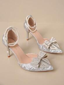 银色高跟鞋，时尚水晶蝴蝶结尖头细跟高跟鞋，仙女风春夏新款，踝带银色凉鞋，猫跟女鞋，性感正式高跟鞋，可搭配连衣裙或旗袍 - 銀色 - 查看 6