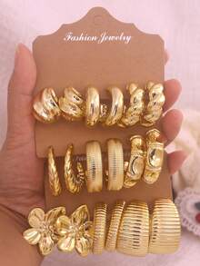6/18pcs Fashionable Earrings Set, Exaggerated Oversized C-Shaped Earrings Set For Daily And Holiday Wear, Made Of ABS Resin Material With Non-Fading UV Gold Plating - Gold - View 2