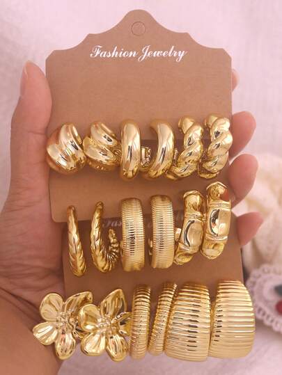 6/18pcs Fashionable Earring Set, Exaggerated Large C-Shape Multi-Element Series Earrings, Suitable For Daily And Festival Wear For Women. This Product Is Made Of ABS Resin Material With UV-Plated Non-Fading Gold.