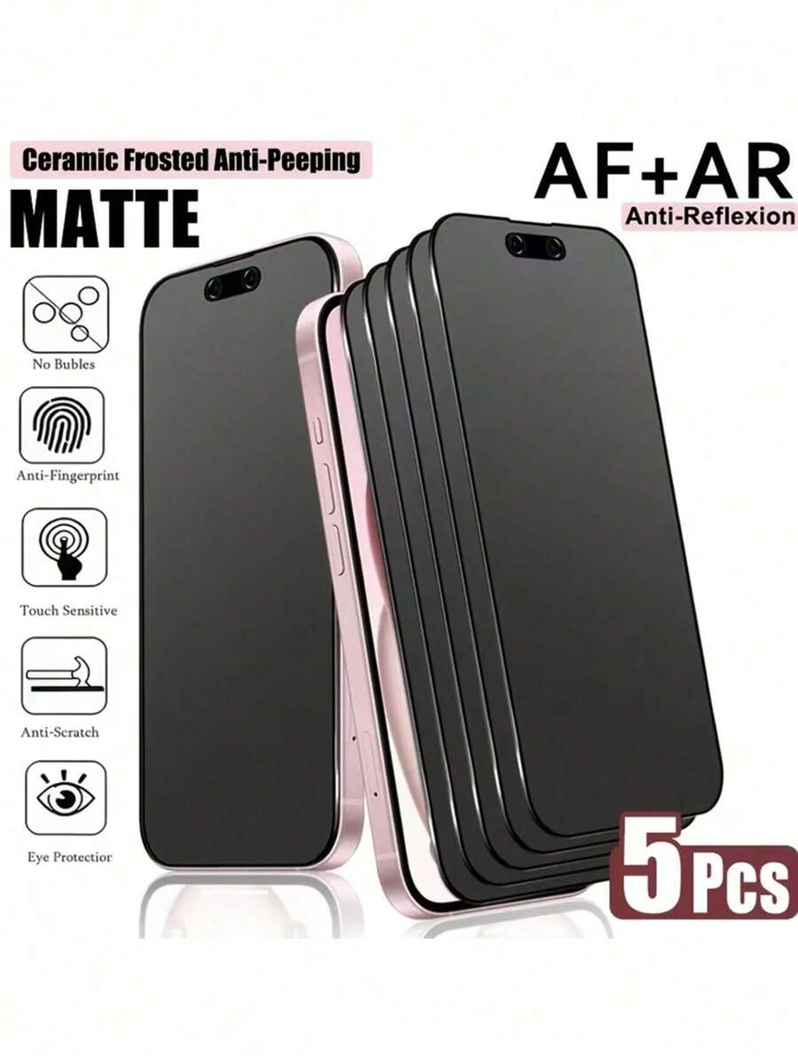 BOLLYMORE 5pcs - Full Screen Matte Privacy Screen Protector Film Compatible With IPhone 17 Pro Max/17 Air/16 Pro Max/16e/15 Pro Max/14 Plus/13 Pro Max/12 Mini/11 Pro Max/XS Max And Other Models. Featuring Dual-Sided Privacy Filter, Compatible With Phone Cases, Full Screen Coverage. Anti-Peeping, Anti-Fingerprint, Upgraded Edge Protection, Scratch-Resistant, Easy Installation Without Bubbles.
