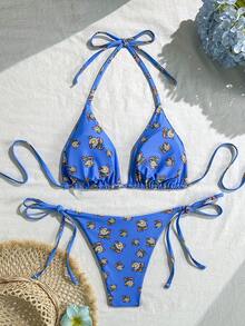 Women's Summer Beach Floral Print Halter Neck Tie Bikini Top And Triangle Bottom Two-Piece Swimwear Set - Blue - View 4