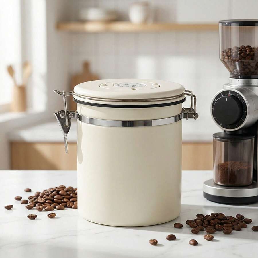 1 pieza Recipiente hermético de acero inoxidable para granos de café con válvula de fecha, contenedor de almacenamiento para polvo/té/especias, elegante canister para mostrador de cocina para posos de café, espresso, hojas de té, aperitivos - Blanco - Ver 1