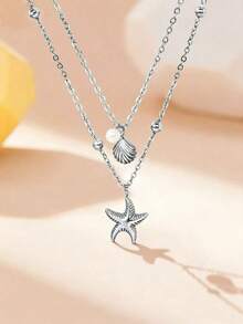 2件套女士贝壳项链，14K镀金可调节多层海星贝壳仿珍珠吊坠项链，适合夏季海滩、日常佩戴、生日礼物、友谊礼物 - 金色 - 查看 9