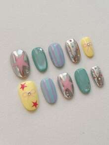 10Pcs Handmade Press On Nails, Short Oval Mirror Multicolor Fake Nails, Retro Y2K Style, Star Bow Stripe Polka Dot Rhinestone Pattern, Easy Apply Nail Supplies, Travel Essential,Part,Wedding.Summer Nails,Fall Nails.Cute Nails,French Tip Nails - Multicolor - View 4
