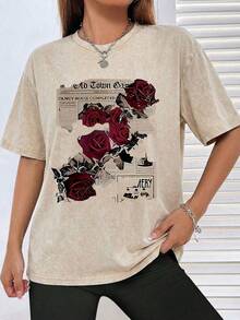 New American-Style 100% Cotton T-Shirt Suitable For Both Men And Women. Featuring Fun Retro Rose And Newspaper Cartoon Letter Pattern Prints. This Street-Style Korean-Style Comfortable Retro Fashion Commuting Versatile Y2k Clothing. Regular Small-Scale Punk-Style Fitted Black Round-Neck Short-Sleeved Washed T-Shirt From The Washed-Out Retro Series. Comfortable Pure Cotton T-Shirt From The Washed-Out Retro Series, Easily Creating Retro Casual Clothing. Suitable For Daily Commuting, Casual Outings, Music Festivals, And Daily Wear. Classic Retro Style. Men's Printed T-Shirt, Women's Printed T-Shirt. - 杏色 - 查看 7