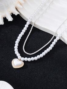 Double Layered Chain Necklace - Heart Pendant With Elegant Charm Of Fashionable Beaded Chain Double Layered Necklace Suitable For Girl's Daily Leisure Matching Classic Style (No Gift Box) - Multicolor - View 1