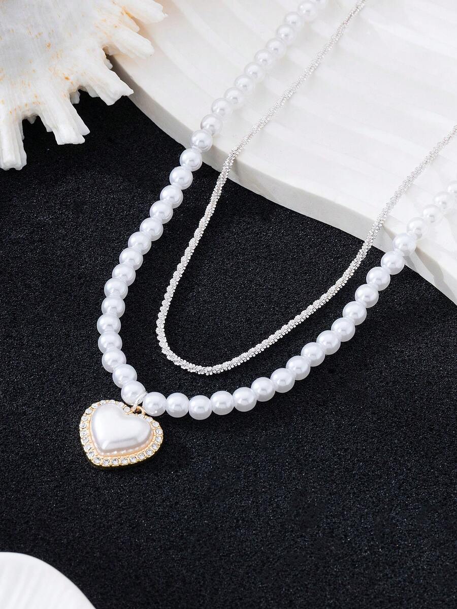 Double Layered Chain Necklace - Heart Pendant With Elegant Charm Of Fashionable Beaded Chain Double Layered Necklace Suitable For Girl's Daily Leisure Matching Classic Style (No Gift Box) - Multicolor - View 1