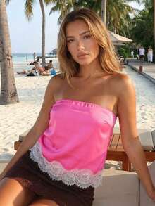 Women's Y2k Lace Patchwork Tube Tops Summer Fashionable Off Shoulder Sleeveless Satin Bandeau Shirt - Pink - View 6