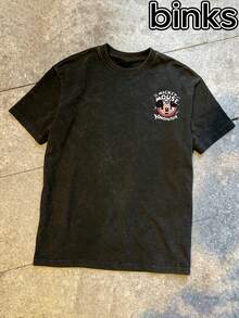 Disney Mickey Mouse  Pattern Printed Short Sleeved T-Shirt, Washed With Water To Create A Vintage Style, Breathable, Loose, And Casual, Suitable For Daily Home Use, Spring And Summer Men's Short Sleeved Tops. - 黑色 - 查看 3