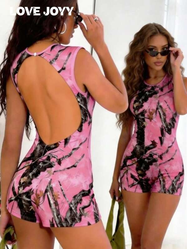 LOVE JOYY Women's Y2K Pink Backless Jumpsuit Shorts With Tree Branch Print, Stylish Slim Fit, Bodycon, Sleeveless, Sexy Summer Party Outfit