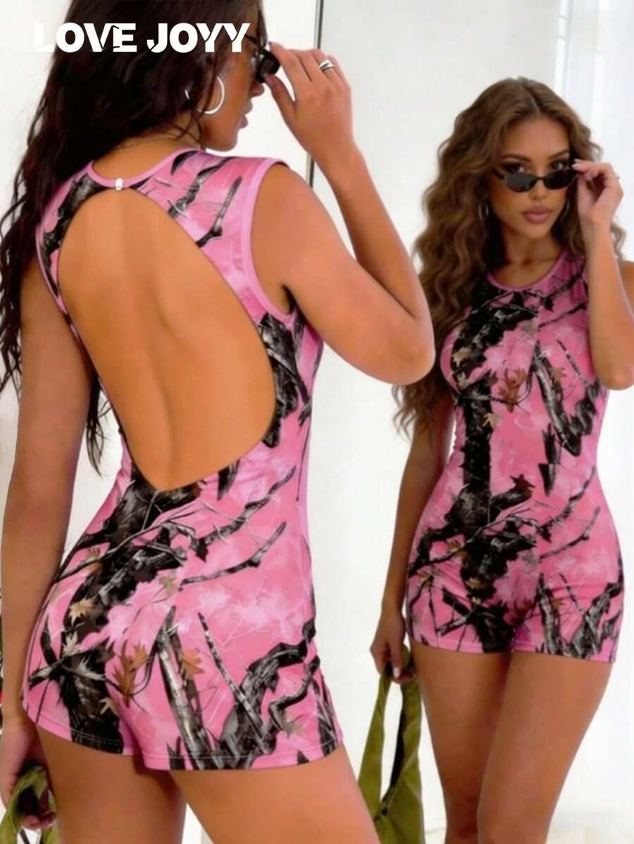 LOVE JOYY 女士 Y2K 粉色露背连体短裤，树枝印花，时尚修身，紧身，无袖，性感夏季派对装扮 - 彩色 - 查看 1