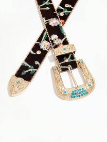 1pc Blue Diamond Embroidered Floral Pattern PU Leather Belt, Palace Style Metal Buckle - Blue Diamond Court Style Embroidered Flowers - View 5