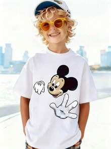 Disney Shining Boy (Double-Sided Print): Mickey Mouse Themed Cartoon Print, Casual And Simple Short Sleeved T-Shirt, Suitable For Spring And Summer Seasons, Suitable For Boys And Girls To Wear. Festival Gift - 白色 - 查看 2
