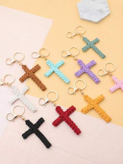 1pc Elegant Handmade Woven Cross Keychain, Women Backpack Hanging Chain, Car Key Chain, Faith Pendant Accessory, Gift For Friends And Girlfriends