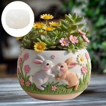 1件套花簇兔子多肉植物盆硅胶模具梦幻草地兔子飞翔浮雕树脂石膏花盆模具兔子玩耍浮雕水泥混凝土花盆模具梦幻美人浮雕工艺模具复活节装饰礼品 - A - 查看 3
