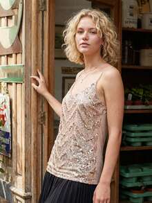 Womens Gold Sequin Camisole Sleeveless Spaghetti Strap Scoop Neck  Pattern Tank Tops - Gold - View 6