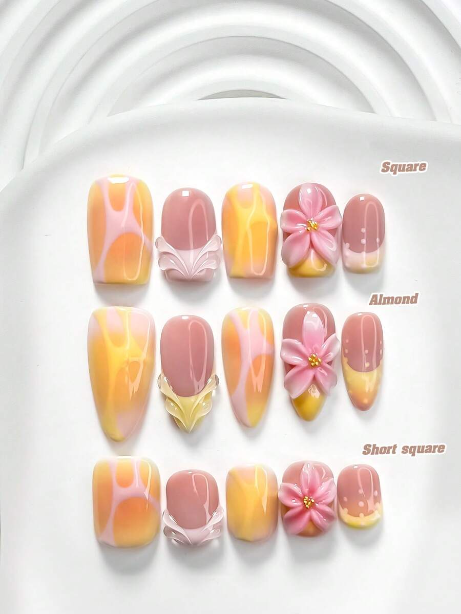 10pcs Summer Beach Style Polygel Manicure Set, Acrylic Pressed Nails, Handmade 5-Petal Pink Flower Nail Decor, Hand-Painted Solid Color Water Wave & White Polka Dot Pattern, Beach Vibe, Includes Nail Tools (1 Jelly Sticker + 1 Nail File), 3 Sizes Available: Square, Short Square, Almond Handmade Press On Nails - Nhiều màu - Xem 1