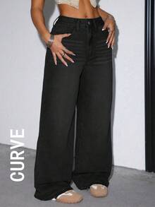 Celana Jeans Wanita Ukuran Besar Kasual Longgar Model Lurus dengan Kantong, Warna Hitam Musim Semi - Hitam - View 6