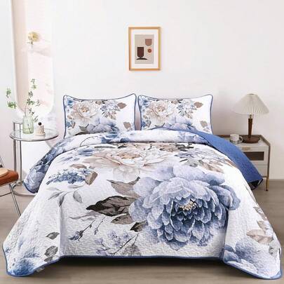 3 Pieces Reversible Botanical Plant Coverlet Set With 2 Pillow Shams, Floral Quilt Set Blue Queen King Size, Quilted Printed Lightweight Bedspread Bedding Set Suitable For Wedding Items, Valentines Day Home Bed Room Decor, Easter Gifts, Mothers Day Gift, All Season
