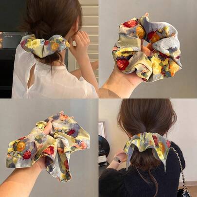 Korean Style Painting Square Scarf Hair Tie, Elegant Ponytail Hair Scrunchie, Luxury Slouchy Girl Hair Accessory