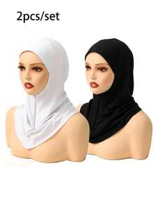 2pcs/Set Women Plain Zipper Hoodie & Cap Set, Elastic Convenient Hijab Cap Scarf Combo, Suitable For Daily Wear With Abaya - 2pcs/set - Zippered Pullover Cap - Black + White - View 6
