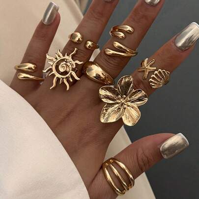 8pcs/Set Vintage Smooth Plain Rings, Bohemian Starfish Personalized Rings, Fashion Rings