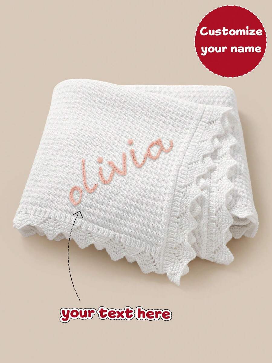 Handmade Embroidered Personalized Name Kids Knitted Blanket, Soft Wavy Edge Baby Throw Blanket - White - View 1
