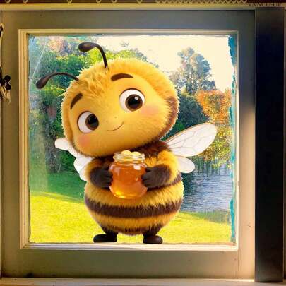 可爱的蜜蜂向日葵窗贴，适用于商店橱窗、瓷砖、玻璃门等家居装饰，双面可见静电贴。