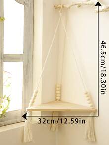 1pc Beige Bohemian Style Triangle Corner Hanging Wall Shelf, Layered Floating Display Rack, Rustic Minimalist Design With Tassel Details, Space-Saving Storage Organizer Suitable For Living Room, Bedroom, Bathroom, Kitchen, Apartment, Dorm, Plant Display, Bookshelf, Home Decor - Beige - View 13