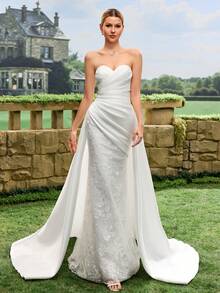 Váy cưới satin không dây vai, chân váy ren xẻ tà, váy cưới trắng, váy cưới kiểu nhà thờ, váy cưới gợi cảm - trắng - Xem 7