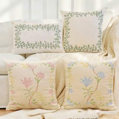 1pc Spring Decorative Pillow Cover With Floral & Leaf Embroidery, Suitable For Home Decor, Living Room, Sofa (Pillow Insert Not Included)